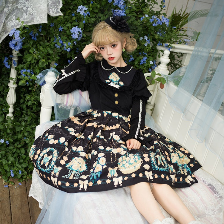 Flower Courtyard Peter Pan Collar Floral Print Pleated Skirt Long Sleeves One Piece