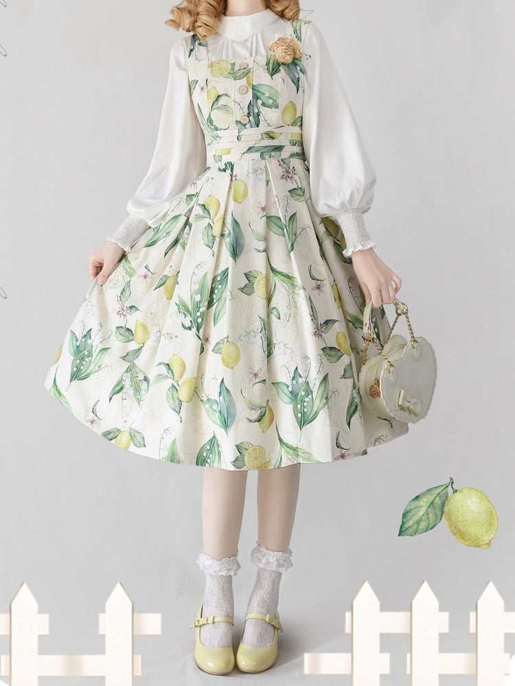 Forest Basket 2.0 Color Yellow and Green Lemon Print Square Neckline Jumper Skirt