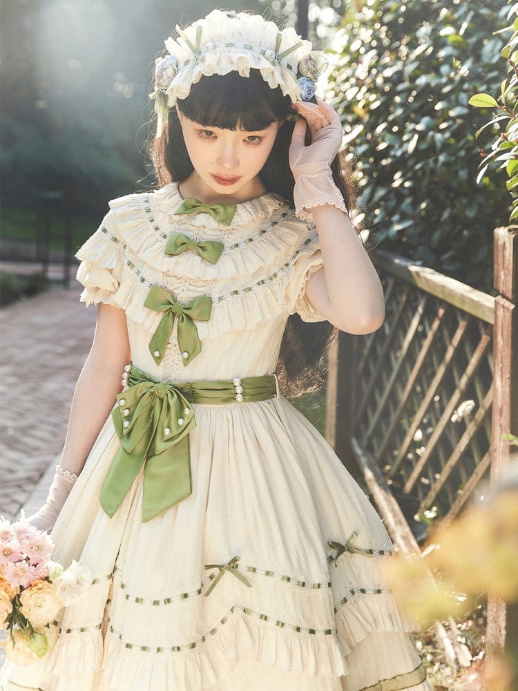 Beige and Green Ruffles Neckline Bowknots High Waist One Piece