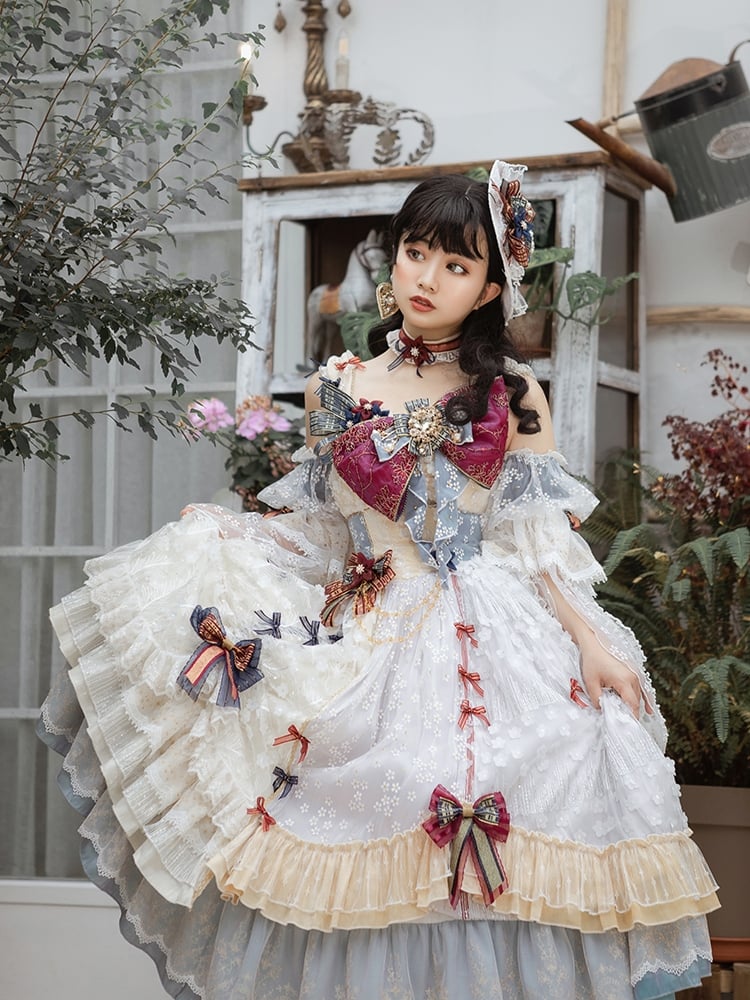 Fairy Tale Books Bowknot Details Floral Pattern Ruffle Hem Lolita OP