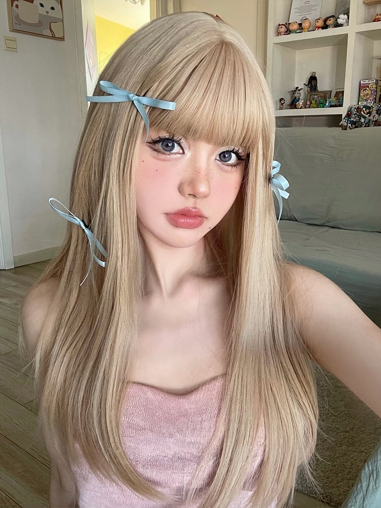 Blonde Medium Length Synthetic Straight Wig with Full Bangs