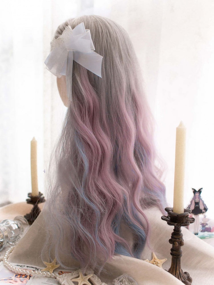 Dusty Blue and Pink Ombre Long Wavy Synthetic Wig