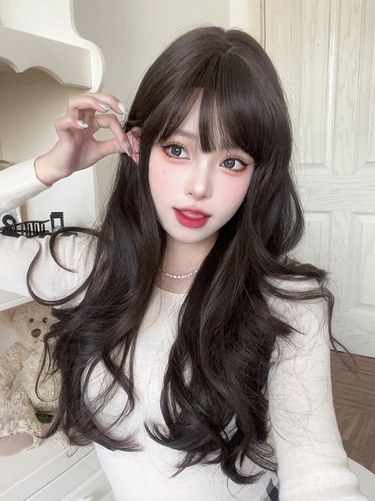 Black Tea Long Wavy Synthetic Wig with Full Bangs