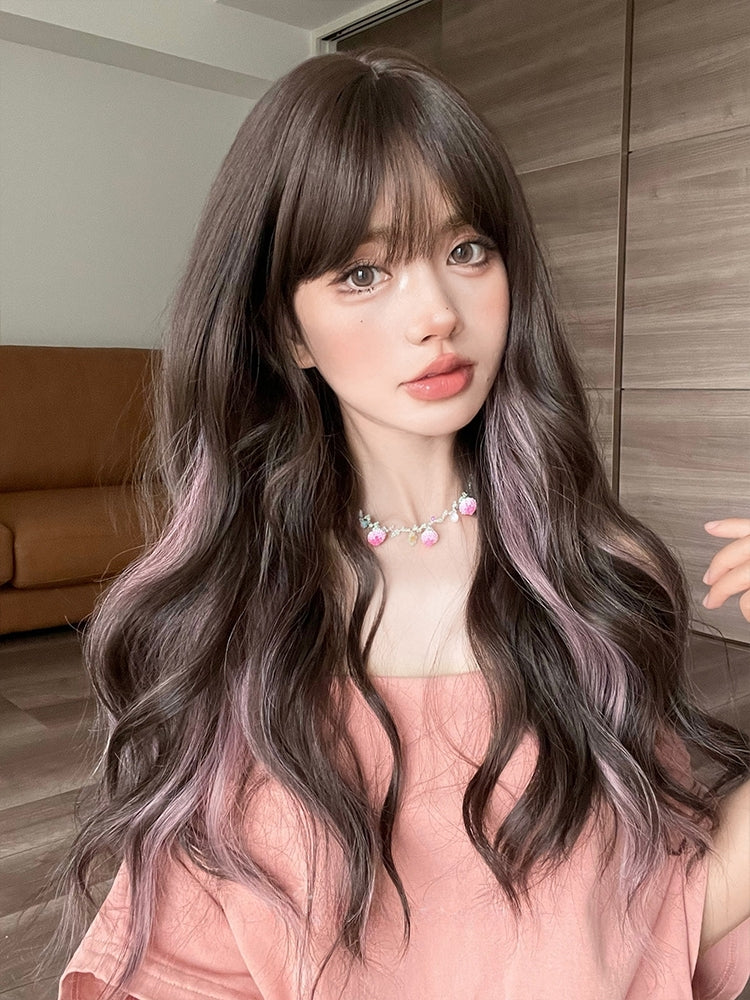 Brown and Pink Highlight Hair Color Long Wavy Synthetic Wig