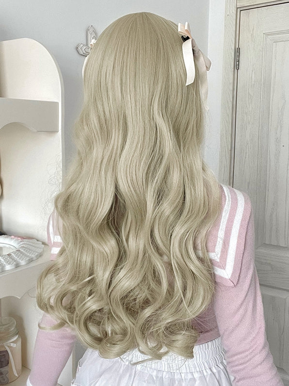 Beige Long Synthetic Wavy Wig with Full Bangs