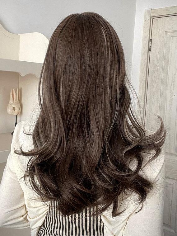 Grey Highlight Hair Color Brown Medium Length Wavy Synthetic Wig