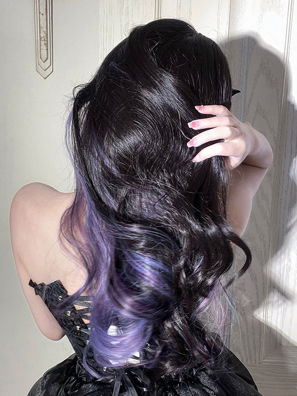 Black and Purple Highlight Hair Color Long Wavy Synthetic Wig