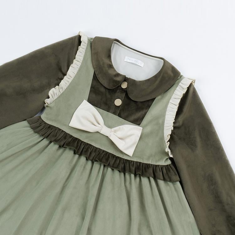 Clearance-Size S for Bust 90cm Green Jumping Frog Embroidery Dress Peter Pan Collar Fake-two Pieces Design - Sukuroi