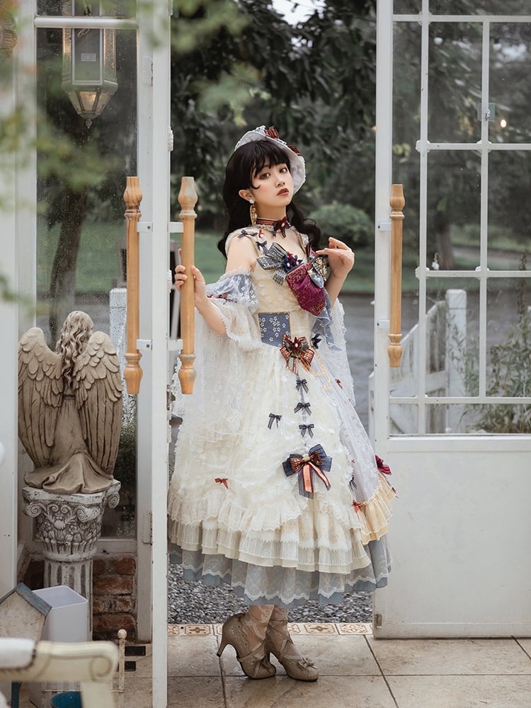 Fairy Tale Books Bowknot Details Floral Pattern Ruffle Hem Lolita OP