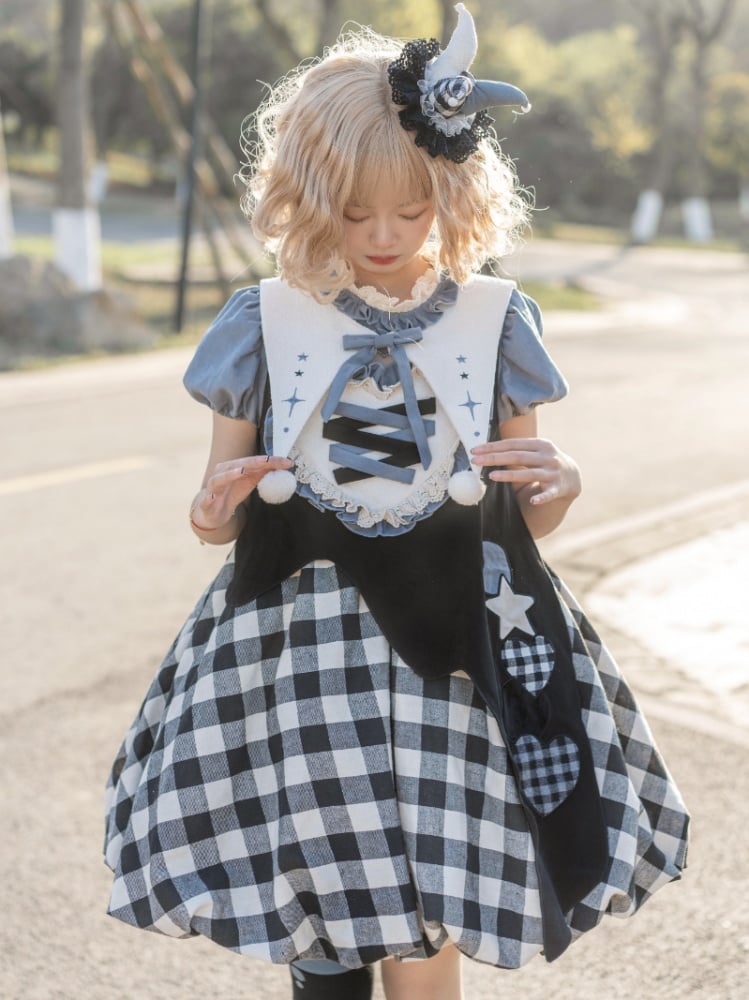 Black Plaid Bubble Skirt Jumper Skirt + Blue Blouse Set Alice in Wonderland Vibes Dress