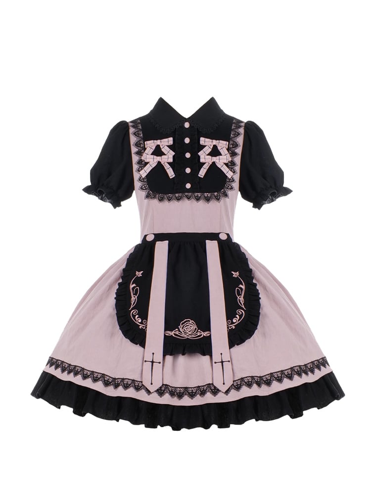 Black and Pink Fake Two-pieces Design One Piece with Detachable Apron