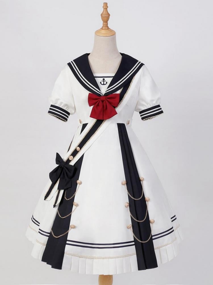 Sea Breeze Dark Blue Sailor Collar One Piece High Waist Sweet Dress with Bow Tie and Ribbon
