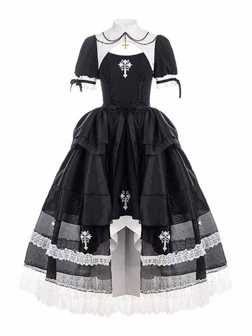 Cross Embroidery Mermaid Skirt Gothic One Piece with Overskirt Full Set Nun Dress