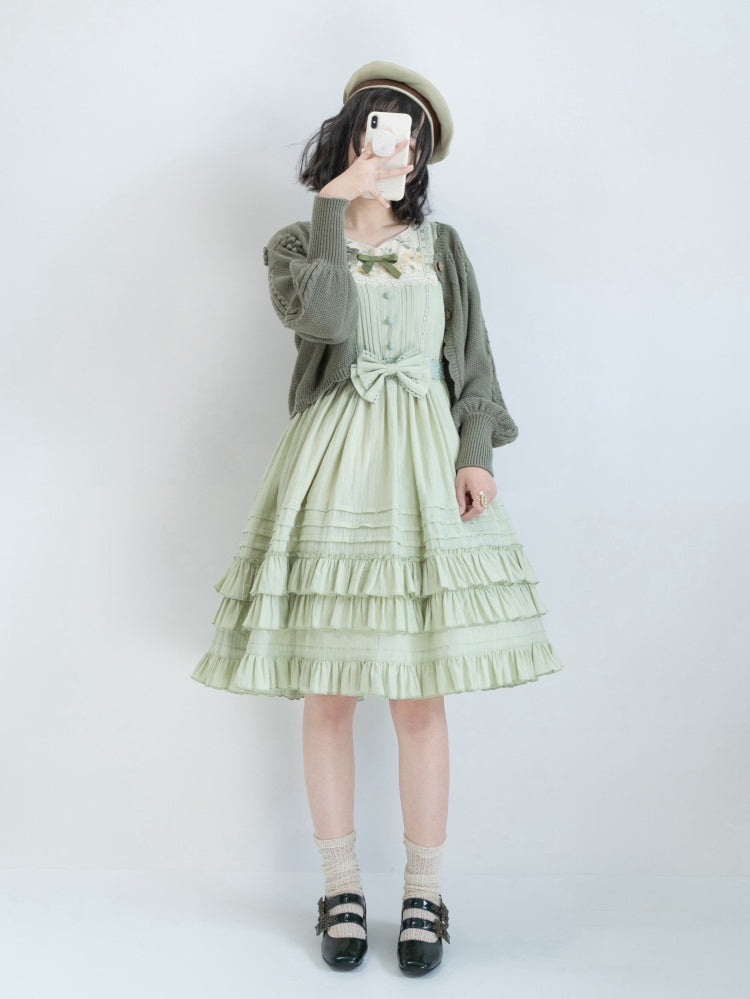 Girl Nelly Color Green Floral Embroidery Round Neck Jumper Skirt