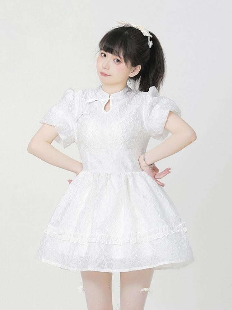 Black and White Qi Lolita Banded Collar Short Sleeves One Piece