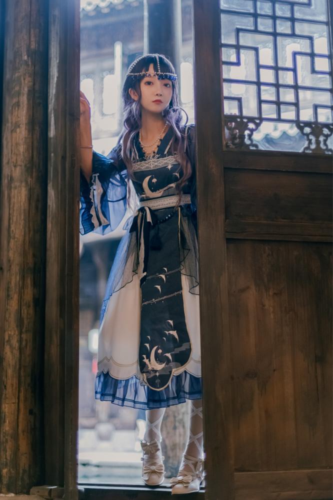 In Stock Night and Warbler Chinoiserie Style Han Lolita JSK+Long Flounce Bell Sleeves Blouse Set