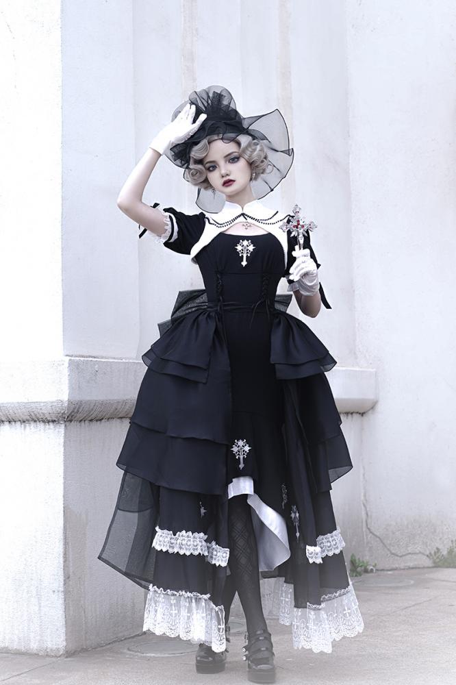 Cross Embroidery Mermaid Skirt Gothic One Piece with Overskirt Full Set Nun Dress